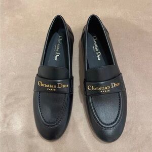 Dior Black Leather Loafers with Gold Logo